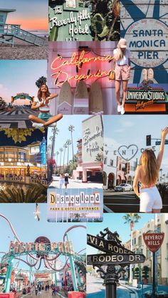 the collage shows many different signs and buildings in various locations, including shops, restaurants, and hotels