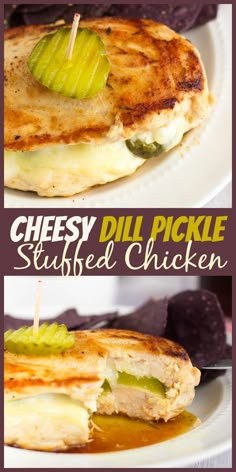 this is an image of grilled chicken with cheese and pickle on it,