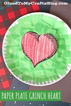 paper plate grinch heart craft for valentine's day with text overlaying