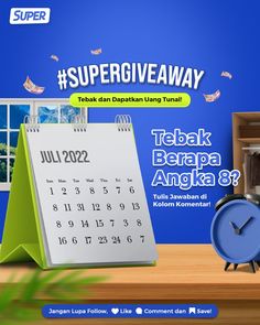 an advertisement for the super giveaway with a desk calendar and alarm clock on it