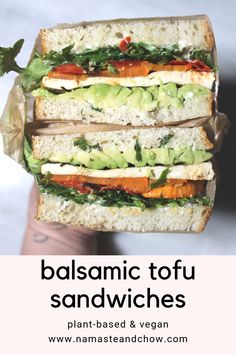 two sandwiches stacked on top of each other with the words balsamic tofu sandwiches