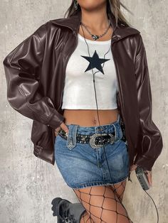 Brown Casual Collar Long Sleeve PU Leather Plain Other Embellished Slight Stretch  Women Clothing Jacket Outfit Women, Pu Jacket, Shein Icon, Shein Outfits, Women Jackets, Leather Jacket Outfits, Brown Leather Jacket, Black Leather Jacket, Leather Jackets Women