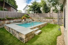 a backyard with a swimming pool and landscaping