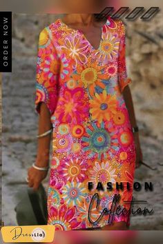 Women's Cotton Floral Print Dress Casual Multicolor Print Party Dress, Casual Vibrant Print Dresses For Party, Summer Orange Shift Dress, Orange Shift Dress For Summer, Casual Party Dresses With Vibrant Print, Multicolor Short Sleeve Floral Dress For Party, Multicolor Printed V-neck Dress, Printed Knee-length Mini Dress For Spring, Multicolor Floral Short Sleeve Party Dress