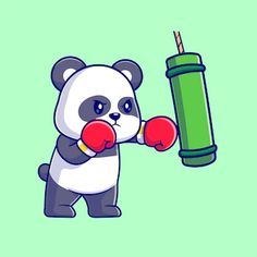 a cartoon panda bear with boxing gloves and a punching glove in his hand, standing next to a green object