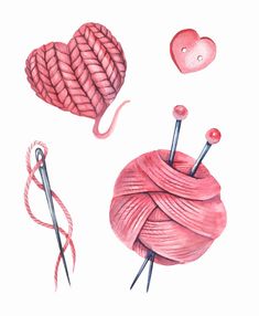 two balls of yarn and knitting needles are shown in this watercolor drawing, with hearts on them