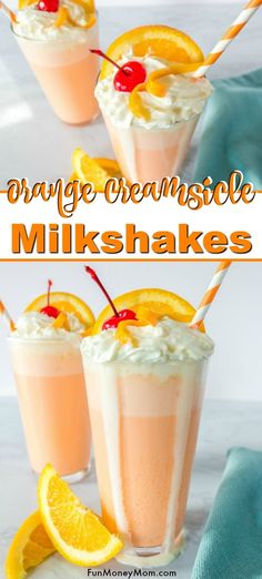 orange creamsice milkshakes with whipped cream and fruit on top