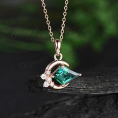 "The necklace is handmade,very high quality! It can be made in white gold,rose gold or yellow gold with 14k or 18k. However for some people who are nickel allergic,I can also make it to 925 sterling silver to make you can wear it. Details: *6x9mm kite cut lab emerald,about 1ct. *Side stone: Diamonds / moissanites. Chain: 16+2 Inches length. Returns & Warranty 30-Day money back guarantee (starting from the day of delivery). \"Made to Order\" purchases qualify for our 30-day money back guarantee. The 30-day money back guarantee gives you time to make sure your purchase is perfect. If you need to  return it for any reason, I'll be happy to offer an exchange or refund. However,please also know for \"Made to Order\" item,there will be handcrafting and shipping fee charged from the original paym Green Emerald Necklace, Emerald Style, Pendant For Women, Emerald Necklace, Green Emerald, Silver Roses, Diamond Pendant, Gold Rose, Jewelry Inspiration