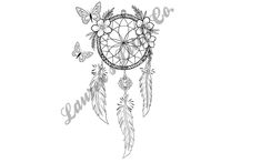 a black and white drawing of a dream catcher with butterflies on it's side