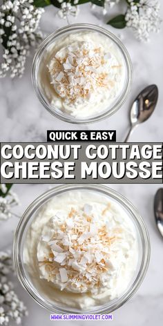 coconut cottage cheese mousse in two bowls with spoons and flowers behind it