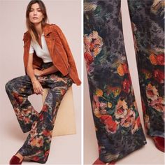 Nwt Anthropologie Simone Floral Trousers Pants Size Medium By Eva Franco Beautiful Floral Pattern And Stylish Trousers. High Waisted Polyester Elastase Side Slant And Faux Back Welt Pockets Front Zip Hand Wash Imported Approximate Measurements: Waist: 30” Rise: 13.5” Hip: 34” Inseam: 31.5” Length 44” Leg Opening: 12” Pretty Pants, Floral Trousers, Thanksgiving Outfits, Floral Print Pants, Anthropologie Brands, Womens Fashion Inspiration, Floral Knit, Printed Trousers, Floral Pants