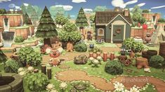 an animal crossing game in the middle of a park with lots of trees and animals