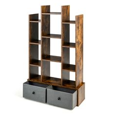 an open bookcase with two drawers on each side