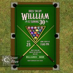 an image of a pool party poster on the grass with billiards and cues