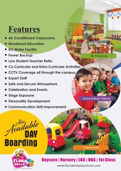 an advertisement for the children's day school with pictures of toys and play equipment