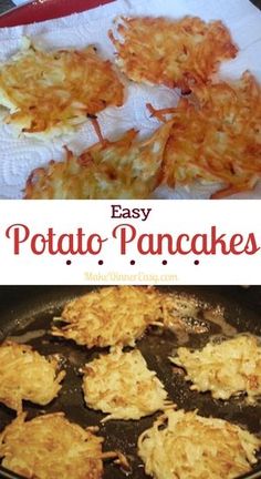 easy potato pancakes in a pan with text overlay