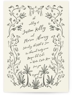 a wedding card with an ornate frame and floral designs on the front, in black ink