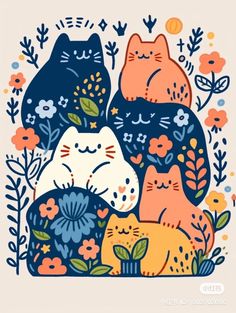 three cats are sitting in the middle of flowers and plants, with one cat sleeping