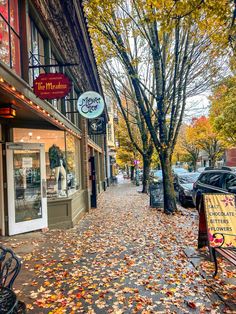 the sidewalk is covered with fallen leaves and has shops on both sides, along with parked cars