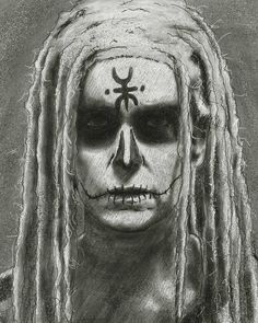 a drawing of a man with dreadlocks and a skull painted on his face