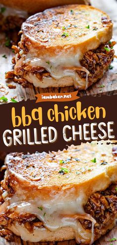 bbq chicken grilled cheese sandwich with melted cheese on top and the words bbq chicken grilled cheese above it