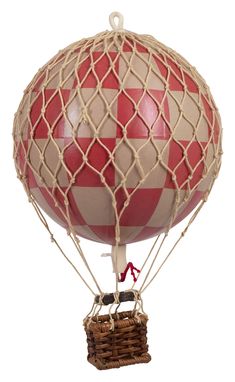 a red and white striped hot air balloon with a basket attached to the front of it