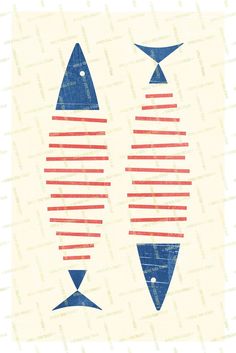 two fish with red, white and blue stripes on them