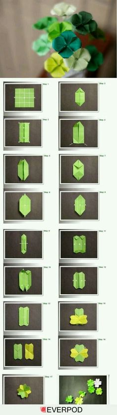 the instructions for how to make an origami flower with green leaves and petals