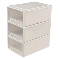 three plastic drawers stacked on top of each other