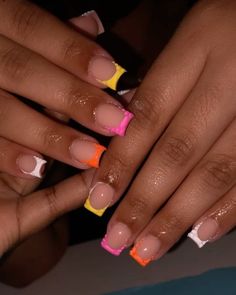 Nails Short Summer Colors, Short Summer French Tip Nails, Spring Nail Sets Short, Different Color French Tips, French Tip Nails Color, Short Square Nails Summer, Summer Short Nail Designs, French Tip Nails Short, Colorful French Tip Nails