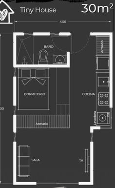 the tiny house floor plan is shown in black and white, with measurements for each room