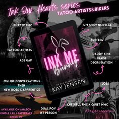 an advertisement for ink me, with the text in pink and black on top of it