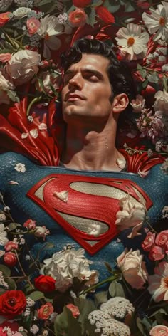 a painting of a man wearing a superman suit surrounded by flowers