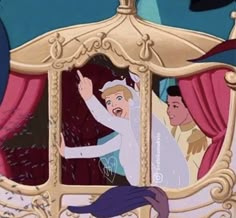 the princess and the frog are riding in a carriage with their arms up to each other