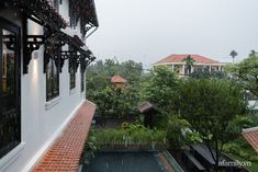 an outside view of some buildings and trees