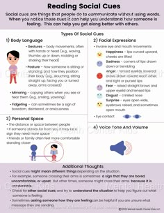 Reading Social Cues Handout for Kids and Teens Social Scenarios For Middle School, Social Cues Activities, Social Skills For Adults, Social Skills Middle School, Social Emotional Development Activities, Therapy Sheets, Social Thinking Curriculum, Emotional Development Activities, Cognitive Development Activities