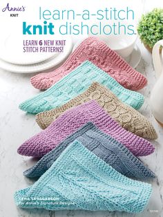 knitted dishcloths are shown on a table