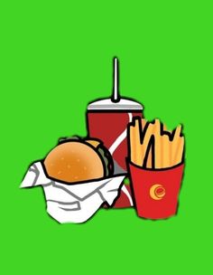 french fries and a burger on a green background with a drink in the foreground