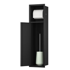 a toilet paper dispenser in a black cabinet