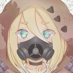 an anime character wearing a gas mask and looking at the camera with big blue eyes