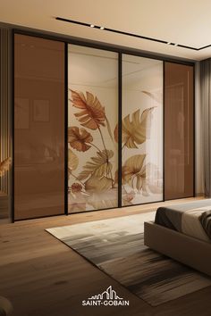 a bedroom with sliding glass doors that are open to let in natural light and sunlight