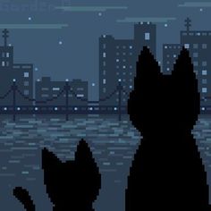 the silhouettes of two dogs in front of a city at night