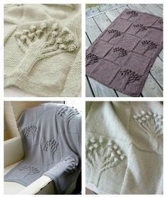 four pictures showing different types of knitted blankets, including one with flowers on them