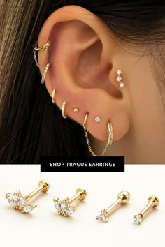 three pairs of ear piercings with crystal stones on each side and the same one in gold