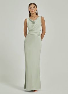 Sage Green Satin Backless Sheath bridesmaid dresses NZ Bridal EB30521 Ruth a Non Silk Bridesmaid Dresses, Cowl Bridesmaid Dress, Light Green Silk Bridesmaid Dresses, Spring Green Bridesmaid Dresses, Light Green Dress Formal, Pale Green Bridesmaid Dresses, Bridesmaid Dresses Cowl Neck, Sage Green Satin Bridesmaid Dresses, Green Dresses Long