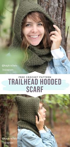 a woman wearing a hooded scarf with the text free crochet pattern on it