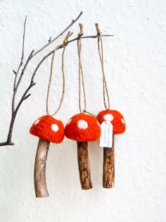 three red mushrooms hanging from branches on a white wall