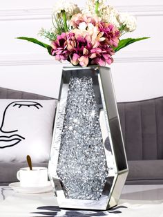 PRICES MAY VARY. MIRROR VASE DIMENSIONS: 12 inches high, 6.2 inches long, 3.1 inches width, 1.5 inches opening.This crystal vase does not contain water, it is only for decoration purposes. QUALITY MATERIAL: Crystal mirror and glass on surface, lots of sparkly crush diamond crystal sparkle glaring on the front and back, inside MDF construction.thick, strong and bottom thickened. WIDE USE: Sparkling crystal diamonds and HD mirror vases make your home look exquisite and luxurious, perfect for weddi Vases For Centerpieces, Crushed Diamonds, Flower Mirror, Diamond Mirror, Silver Vase, Silver Mirror, Crystal Vase, Decorative Glass, Modern Vase