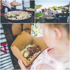 a collage of photos with food and people at an outdoor event in the background