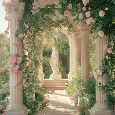 a statue is surrounded by pink flowers and greenery on either side of an archway